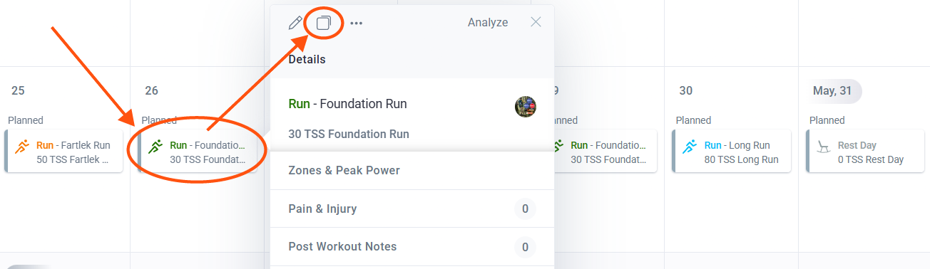 Selecting the copy symbol on a workout